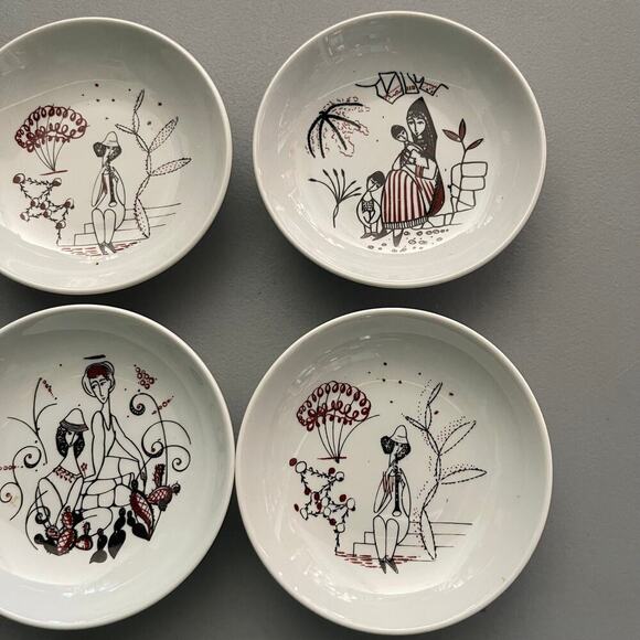 NAAMAN Israel Vintage Israeli Folklore Fine Porcelain Set of 6 Small Plates 4" - Picture 4 of 6